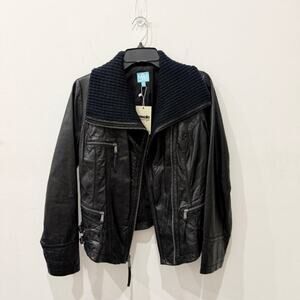 Barneys New York Leather Long Sleeve Full Zip Moto Biker Jacket Black Women's S